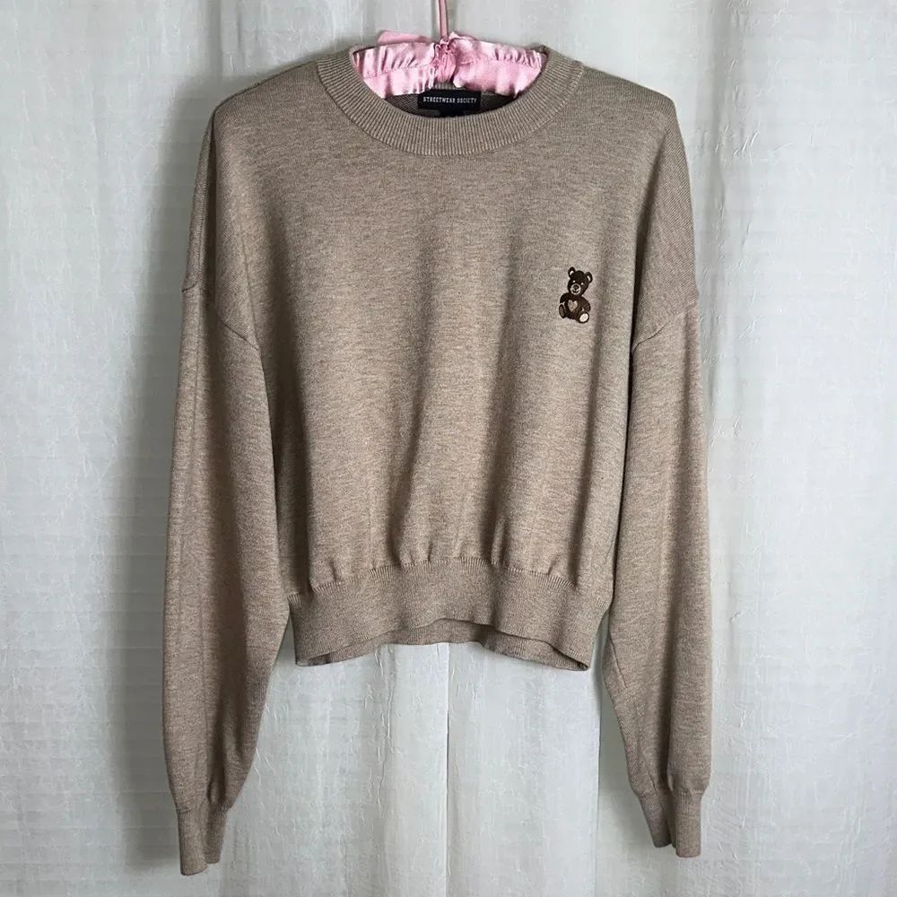 STREETWEAR SOCIETY XL Tan Embroidered Teddy Graphic Crew Cropped Knit Sweater